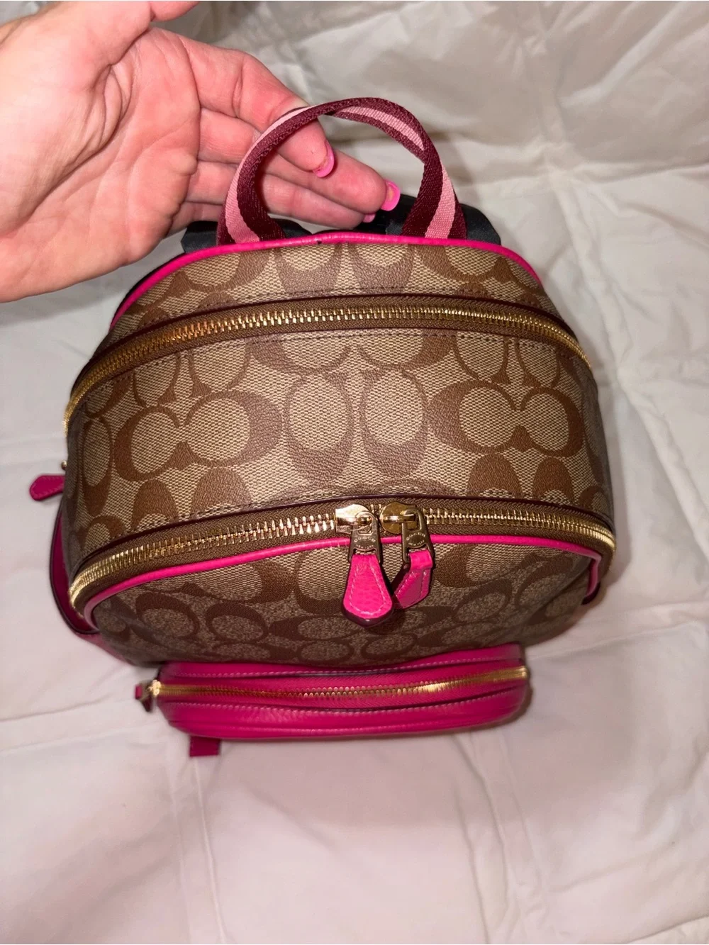 HTF NWOT Coach C8522 Court Medium Signature Leather Khaki Bold Pink Backpack